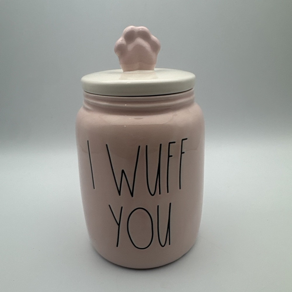 Rare Rae Dunn Blush Pink "I Wuff You" Dog Treat Canister Puppy